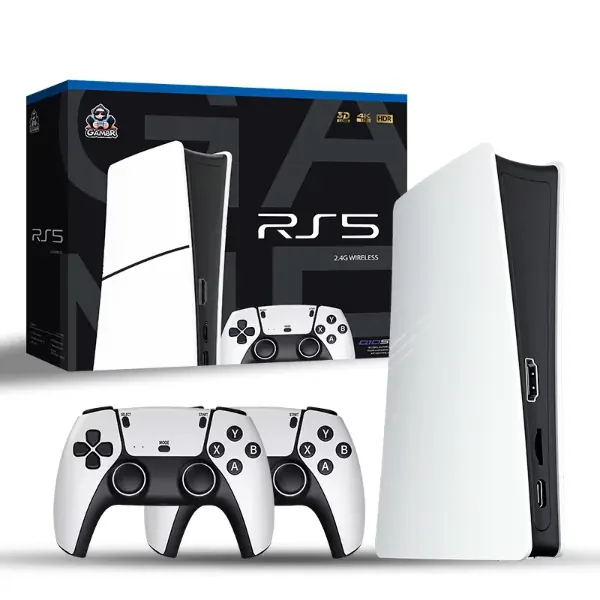 Consola RS5 con dos mandos inalámbricos y su caja, disponible en Encarnación, Paraguay