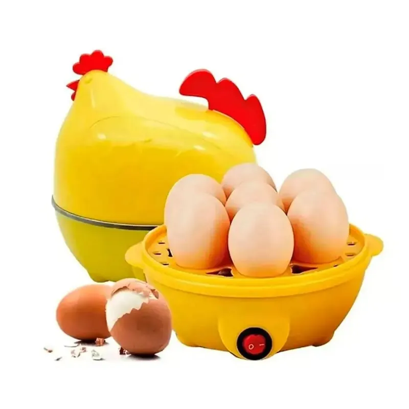 Hervidora de huevos eléctrica amarilla con 7 huevos cocidos, disponible en Encarnación, Paraguay