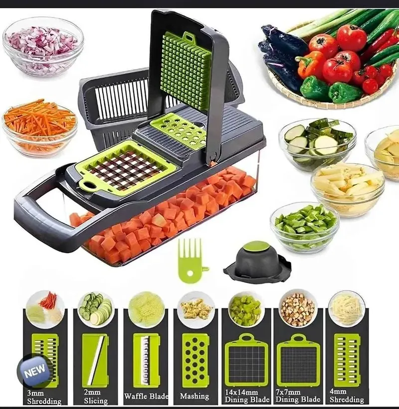 Cortador de verduras y frutas 16 en 1 con 16 cuchillas y recipiente, disponible en Encarnación, Paraguay